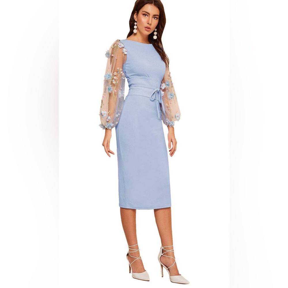 Elegant Mesh Contrast Bishop Sleeve Tie Front Dress